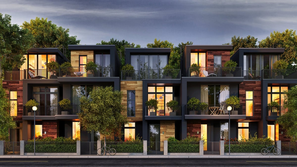 Modern townhouse development at dusk